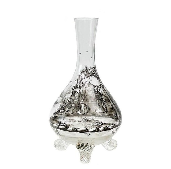 German Schwartzlot Style Black Enamel Footed Glass Decanter or Vase c. 1900