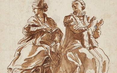 Giovanni Battista Gaulli, called il Baciccio, Italian 1639-1709- Two female allegorical figures; black chalk, pen and brown ink, and brown wash on laid paper, 16.1 x 18.4 cm., (unframed). Provenance: Private Collection. Note: Characteristic of...