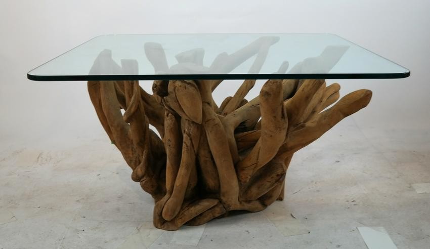 Glass-Top Driftwood Base Coffee Table