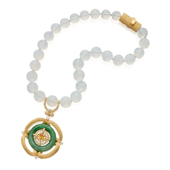 Gold, Quartz, Jade, Yellow Sapphire and Diamond Pendant-Necklace, Henry Dunay
