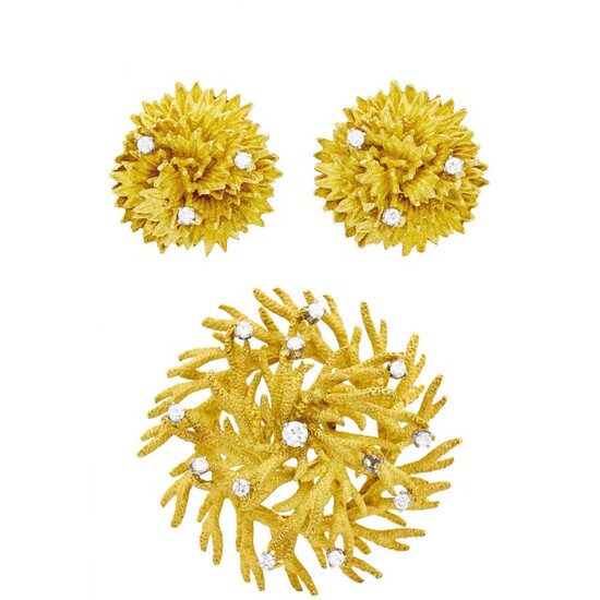 Gold and Diamond Sea Urchin Brooch and Pair of Earclips