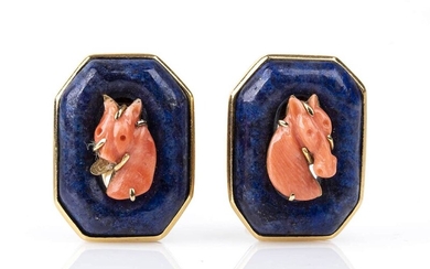 Gold, lapis lazuli and Cerasuolo coral earrings 18k yellow gold, each with carved Cerasuolo coral...