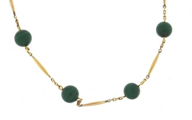 Gold plated malachite design bead necklace, 54cm in