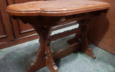 Gothic Style Baltic Pine Refectory Table, the lobed top on braced chip carved supports & massive stretcher