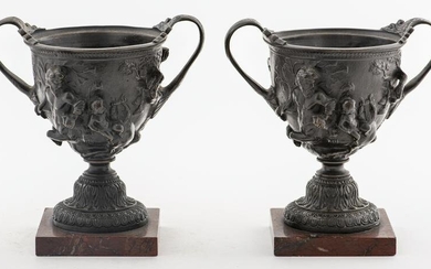 Grand Tour Bronze Vases On Marble Stands, Pair