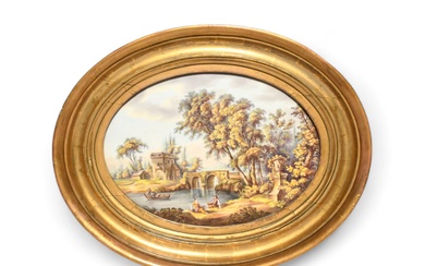 Grande plaque ovale en porcelaine, 19e siècle, peinte avec deux personnages allongés sur la rive...