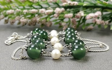 Green SERPENTINE & White PEARL Gemstones Beads Chain NECKLACE : 925 Sterling Silver Natural Round Cabochon 18" Statement Necklace