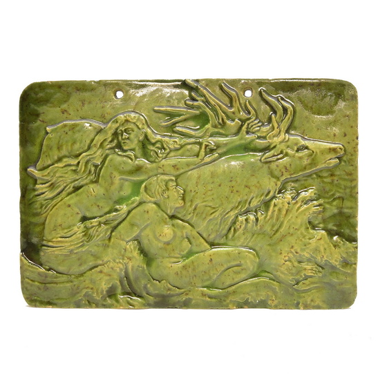Green glazed Art Nouveau earthenware relief-wall-tile with mythical scenery ca.1900...