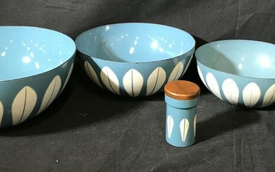 Group of Painted Metal Nesting Bowls and Jar
