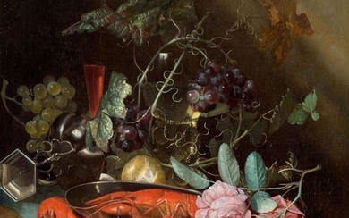 HARMEN LOEDING(c. 1637 Leyde c. 1673)Nature morte avec homard et rose. Huile sur toile. 55,8...