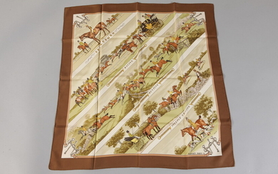 HERMES BROWN, BEIGE AND WHITE SILK "CARRE" SCARF WITH EQUESTRIAN...
