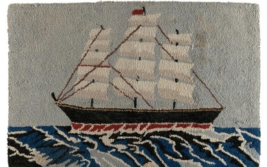 HOOKED RUG DEPICTING A THREE-MASTED SHIP 20th Century 23.5" x 36”.