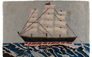 HOOKED RUG DEPICTING A THREE-MASTED SHIP