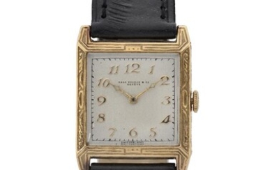 Haas Neveux. An 18ct gold square case wristwatch, c. 1930 matt silvered dial with applied gold Breguet numerals, gold cathedral hands, 15 jewel manual wind movement adjusted to 2 positions, 18ct gold case with decoratively embossed square case and...