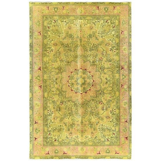 Hand Knotted Green Vintage Overdyed Persian Tabriz Worn