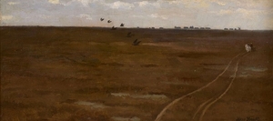 Hans SMIDTH Nakskov, 1839 - Frederiksberg, 1917 Vol de pigeons dans un paysage de landes