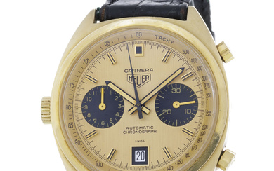 Heuer, Carrera, montre chronographe en or 750, années 1970Mouvement: cal. 12, automatique, 17 rubisBoîtier: diam. 38 mmComplication: chron