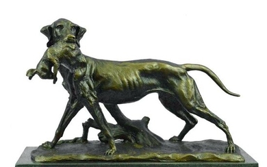 Hunting Dog Retriever & Rabbit Trophy Bronze Sculpture