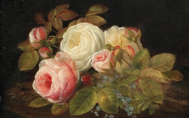 I. L. Jensen, school of, 19th century: White and pink roses on a table. Unsigned. Oil on cardboard. 22×31 cm.