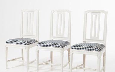 IKEA, “Odenslunda”, chairs, 3 pcs, IKEAS 18th century series, Gustavian style, painted, upholstered seat, checkered upholstery, branded.