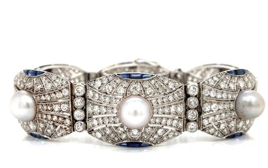 Incredible Art Deco Platinum Diamond Natural Pearl and Sapphire Bracelet