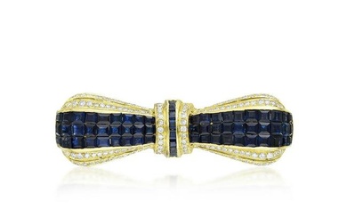 Invisibly-Set Sapphire and Diamond Bow Brooch