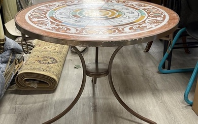 Italian Marble Inlaid Oroscopo Round Table with Iron Wrong Base