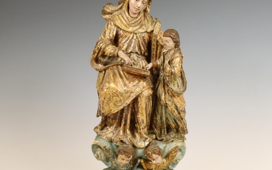 Italië, houten gestoken en gepolychromeerde sculptuur van de heilige Anna en Maria. 19e eeuw.