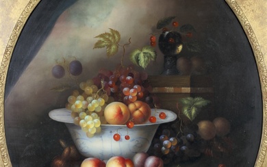 J Gabriel (20th Century), a still life with a fruitbowl on a marbled table top, oil on board. Signed, within giltwood frame. With Henry Buckland Fine Art Certificate of Authenticity to verso, 74cm x 61cm exc. frame