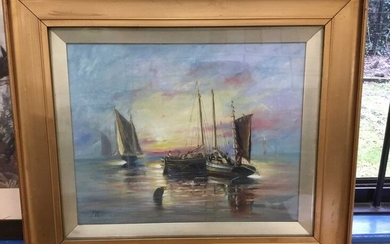 J. Westcott 1905 oil on canvas - fishing boats at sunset, signed, in gilt frame, other shipping prints and sundry pictures