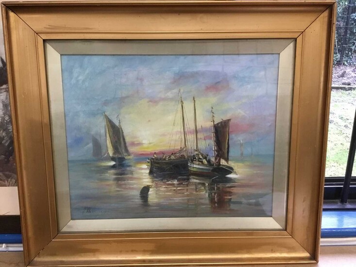 J. Westcott 1905 oil on canvas - fishing boats at sunset, signed, in gilt frame, other shipping prints and sundry pictures