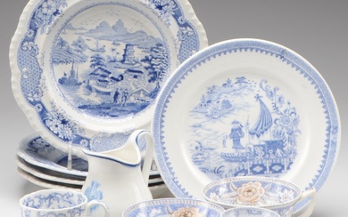 J& W Ridgway "India Temple" with Miles Mason and Other Blue Transfered Tableware