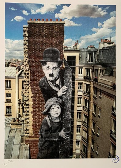 JR, "Unframed, Charlie Chaplin revu par JR, The Kid, Charlie Chaplin & Jackie Coogan, USA, 1923, de jour Paris"