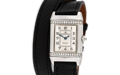Jaeger-LeCoultre Reverso wristwatch, women, decorated with diamonds, stainless steel, 28 x 22 cm / Women's Jaeger-LeCoultre Reverso wristwatch, decorated with diamonds, reference 265.8.08, quartz movement. Silver dial with Arabic numerals. Aftermarket...