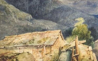 James Holland, RWS, British 1799-1870- View of a water mill; watercolour heightened with scratching out on paper laid down onto the back board of a red leather album, now dismembered, possibly indistinctly signed with monogram 'JH[?]...R' (lower...
