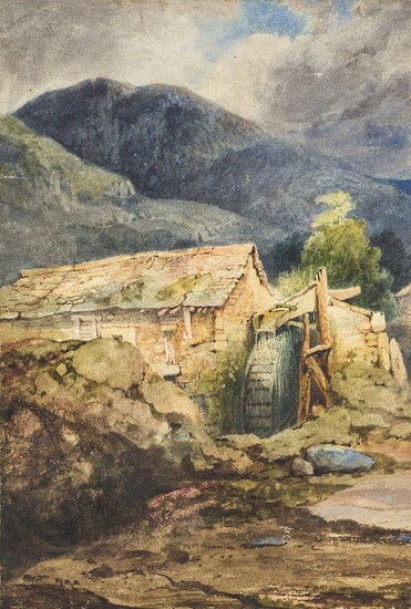 James Holland, RWS, British 1799-1870- View of a water mill; watercolour heightened with scratching out on paper laid down onto the back board of a red leather album, now dismembered, possibly indistinctly signed with monogram 'JH[?]...R' (lower...