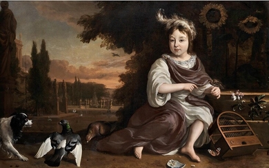 Jan Weenix, 1640 Amsterdam – 1719, PORTRAITBILDNIS DES PRINZEN VON ORANIEN MIT VOGELKÄFIG IN PARKLANDSCHAFT