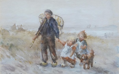 Jan Zoetelief Tromp (1872-1947), Fisherman with children, signed l.l., watercolour, 11,5...