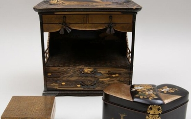 Japanese Lacquer Table Shrine and Two Boxes
