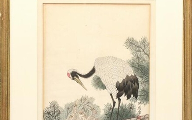 Japanese Red-Crowned Crane Bird Woodcut