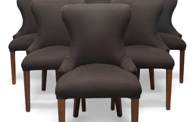 John Galvin Design, a set of six dining chairs, circa 2015, Walnut, fabric, 91cm high, 54cm wide