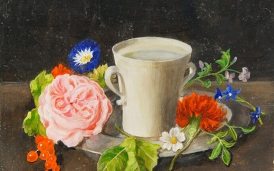 Julie Harris, British, late 20th/early 21st century- Still life with flowers, a tyg and a pewter plate on a ledge; oil on board, signed and dated 2006, 20.5 x 25.5 cm (ARR) (unframed) Provenance: The estate of the late designer, Anthony Powell.
