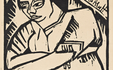 KARL SCHMIDT-ROTTLUFF Frau mit verschränkten Armen. Woodcut on tan laid paper, 1913. 269x20...