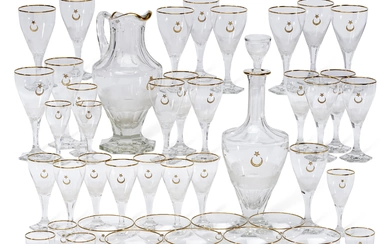A MOSER CUT-GLASS STEMWARE SERVICE CIRCA 1950-1960, ETCHED 12 TO DECANTER AND STOPPER, ONE GLASS WITH PARTIAL PURPLE FOIL LABEL