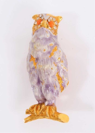 Kenneth Lane enamelled gilt metal owl brooch, signed K.J.L to reverse, 5cm long