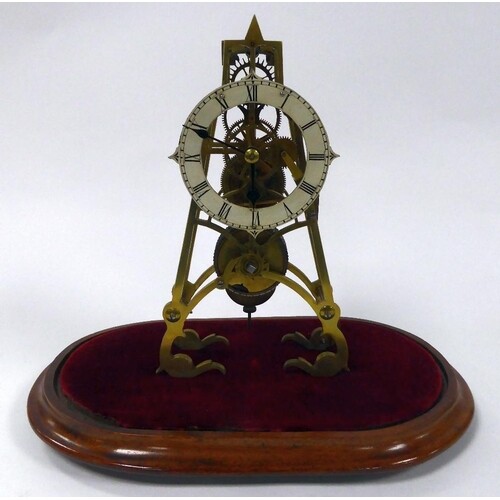 LATE VICTORIAN BRASS SKELETON CLOCK UNDER GLASS DOME, the 4 ...