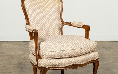 LOUIS XV STYLE FRUITWOOD UPHOLSTERED ARM CHAIR