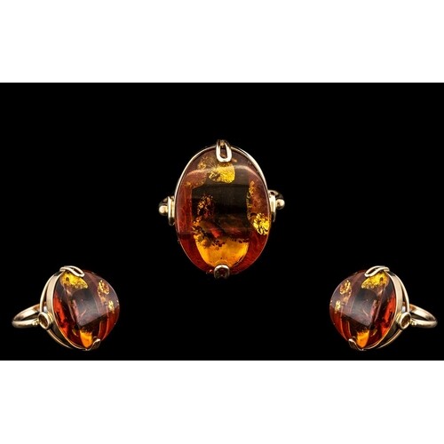 Ladies - Attractive 14ct Gold - Natural Amber Set Dress Ring...