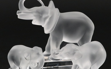 Lalique "Elephant" and Baby Elephant Frosted Crystal Figurines
