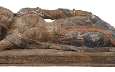 Large Chinese Carved and Polychromed Reclining Buddha